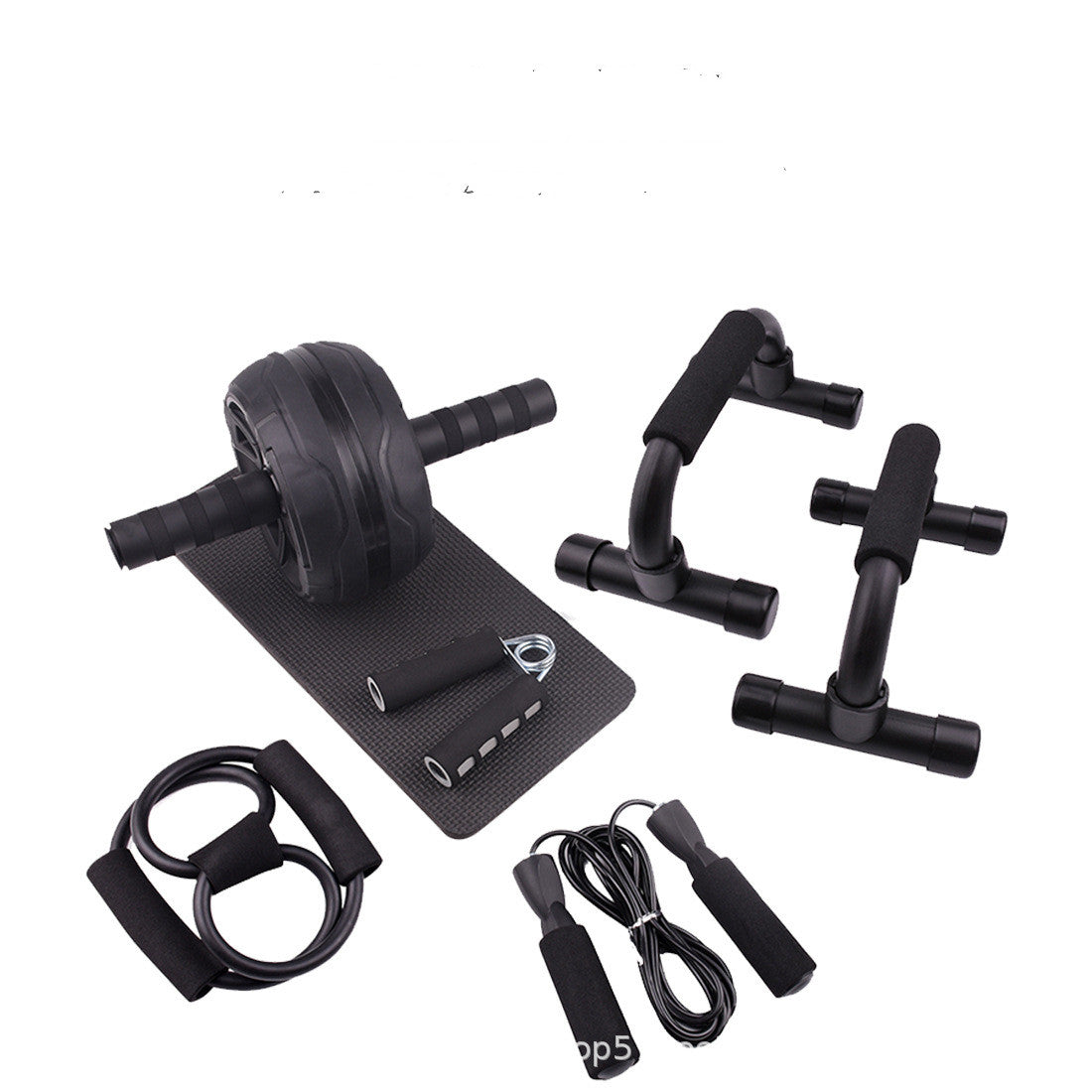 Collection of black fitness equipment including an ab roller, resistance bands, and jump rope on a white background.